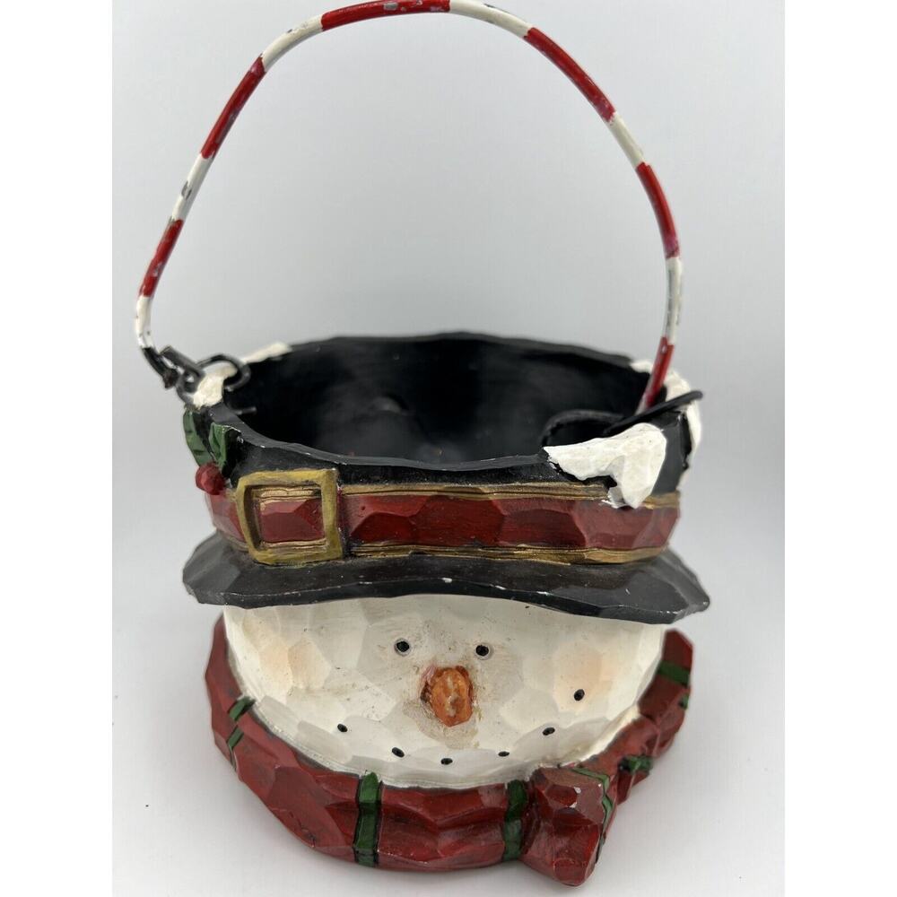 Vintage Holiday Home Seasonal‎ Decorative Handcarved Christmas Snowman Basket